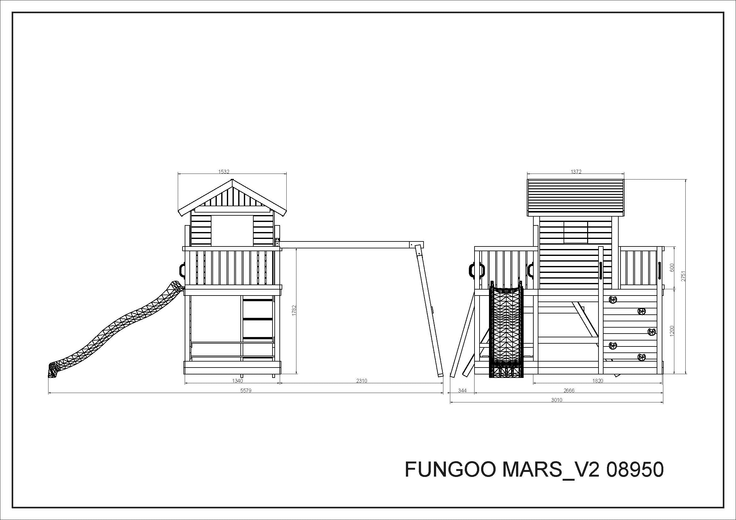 Kerti Játszótér Faházzal, Csúszdával, Mászófallal, Hintával, Homokozóval és Paddal - Fungoo MARS