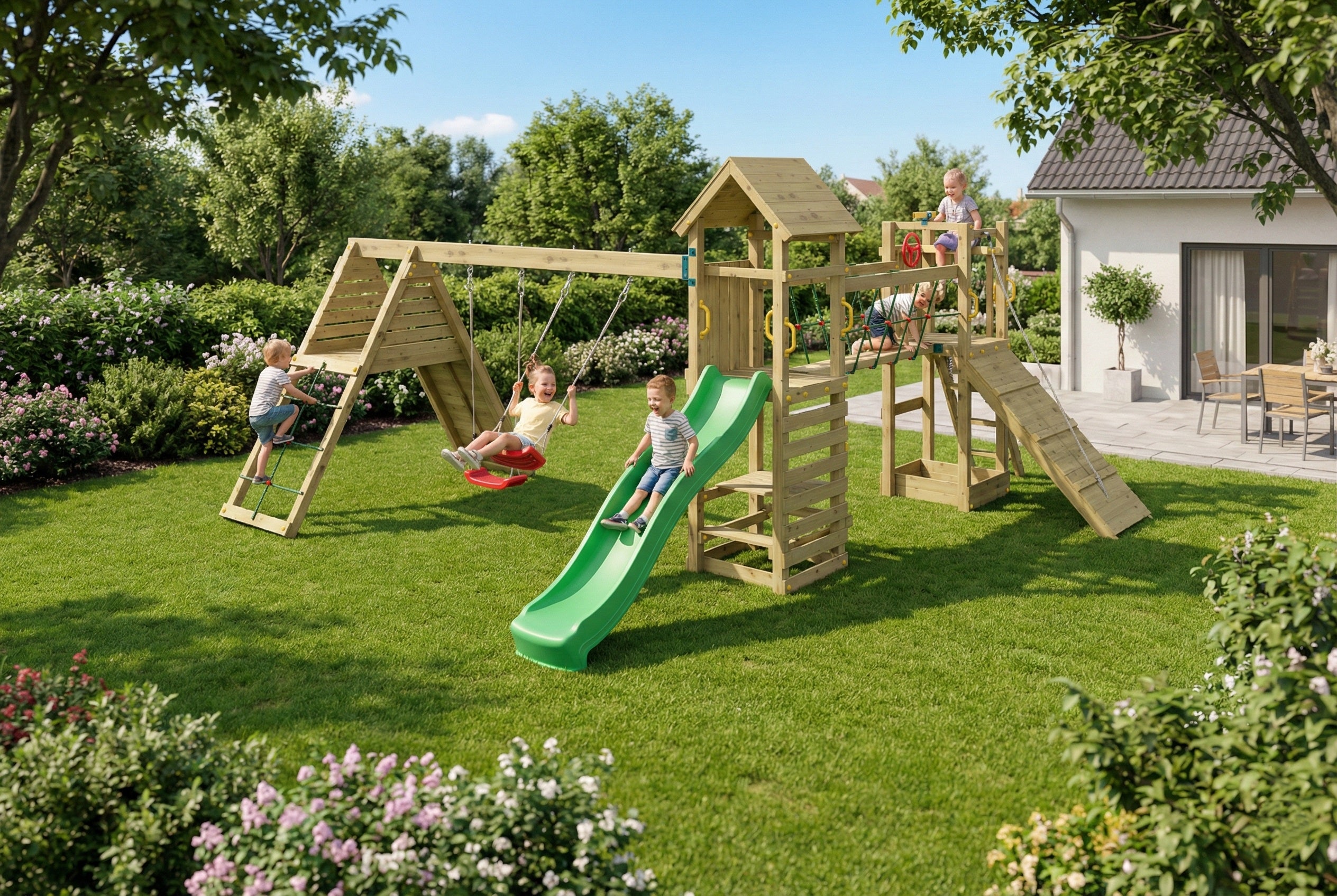 Kerti Játszótér Csúszdával, Mászófallal, Kötélhíddal, Két Hintával és Homokozóval - Fungoo MAXI FUNNY CARNIVAL