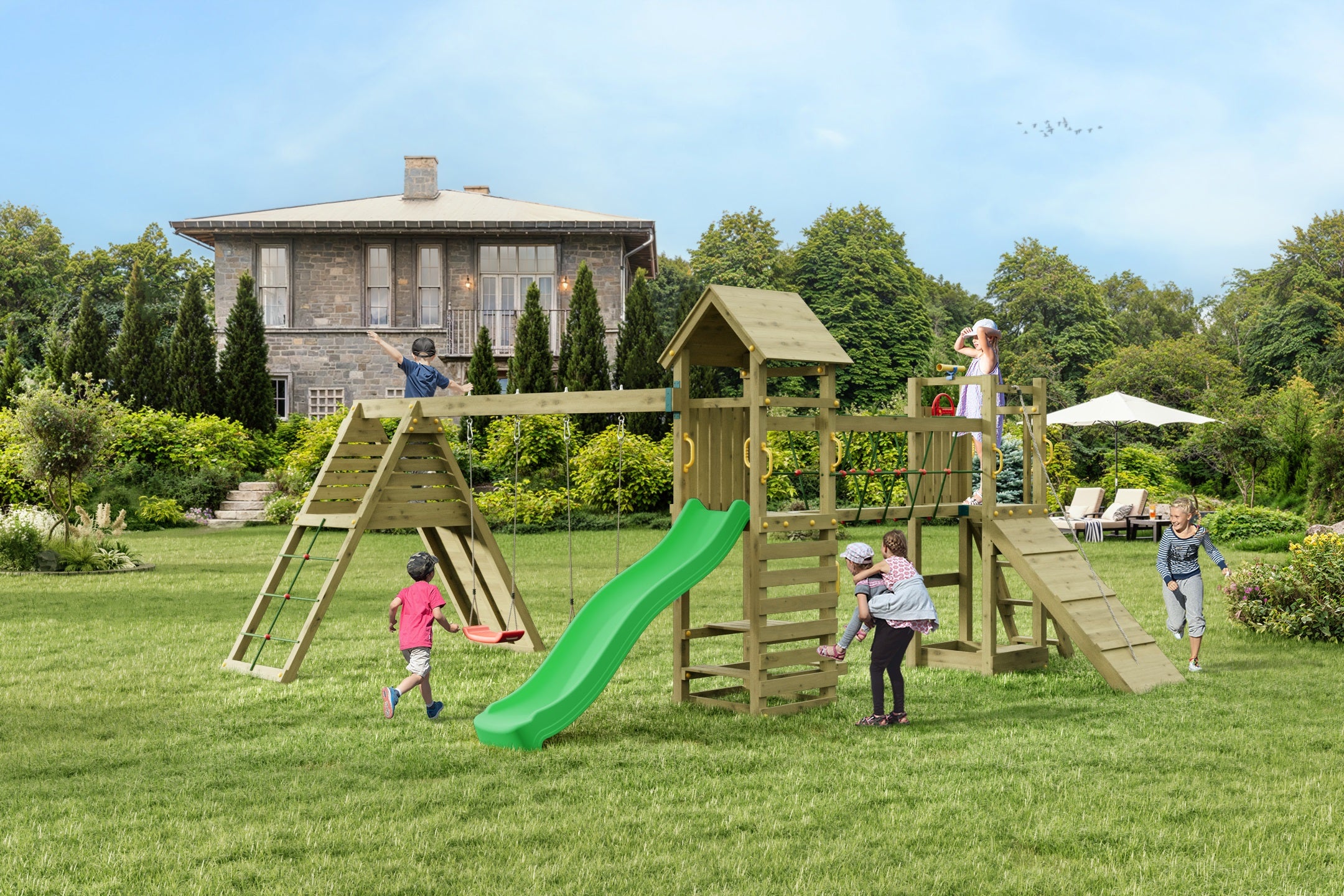 Kerti Játszótér Csúszdával, Mászófallal, Kötélhíddal, Két Hintával és Homokozóval - Fungoo MAXI FUNNY CARNIVAL