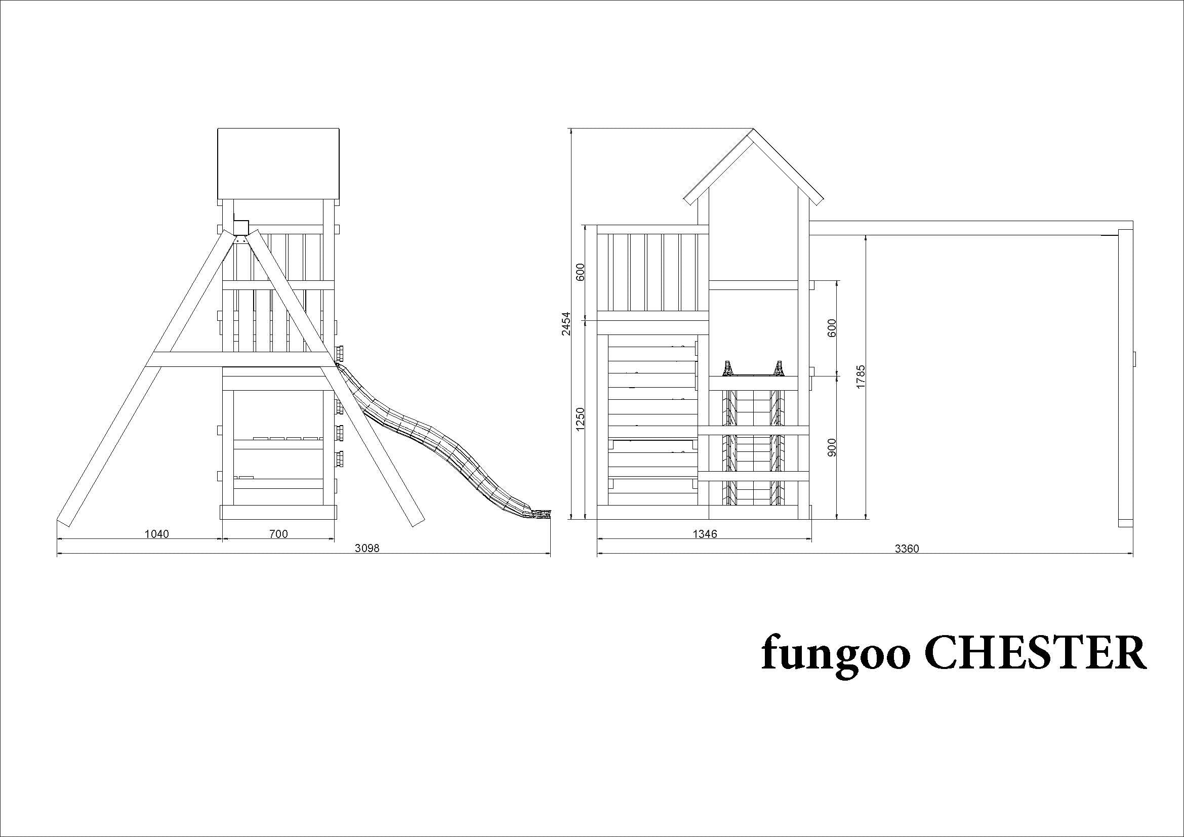 Kerti Játszótér Játszótorony, 1,7m Csúszdával, Mászófallal, Két Hintával és Piknikpaddal- Fungoo CHESTER