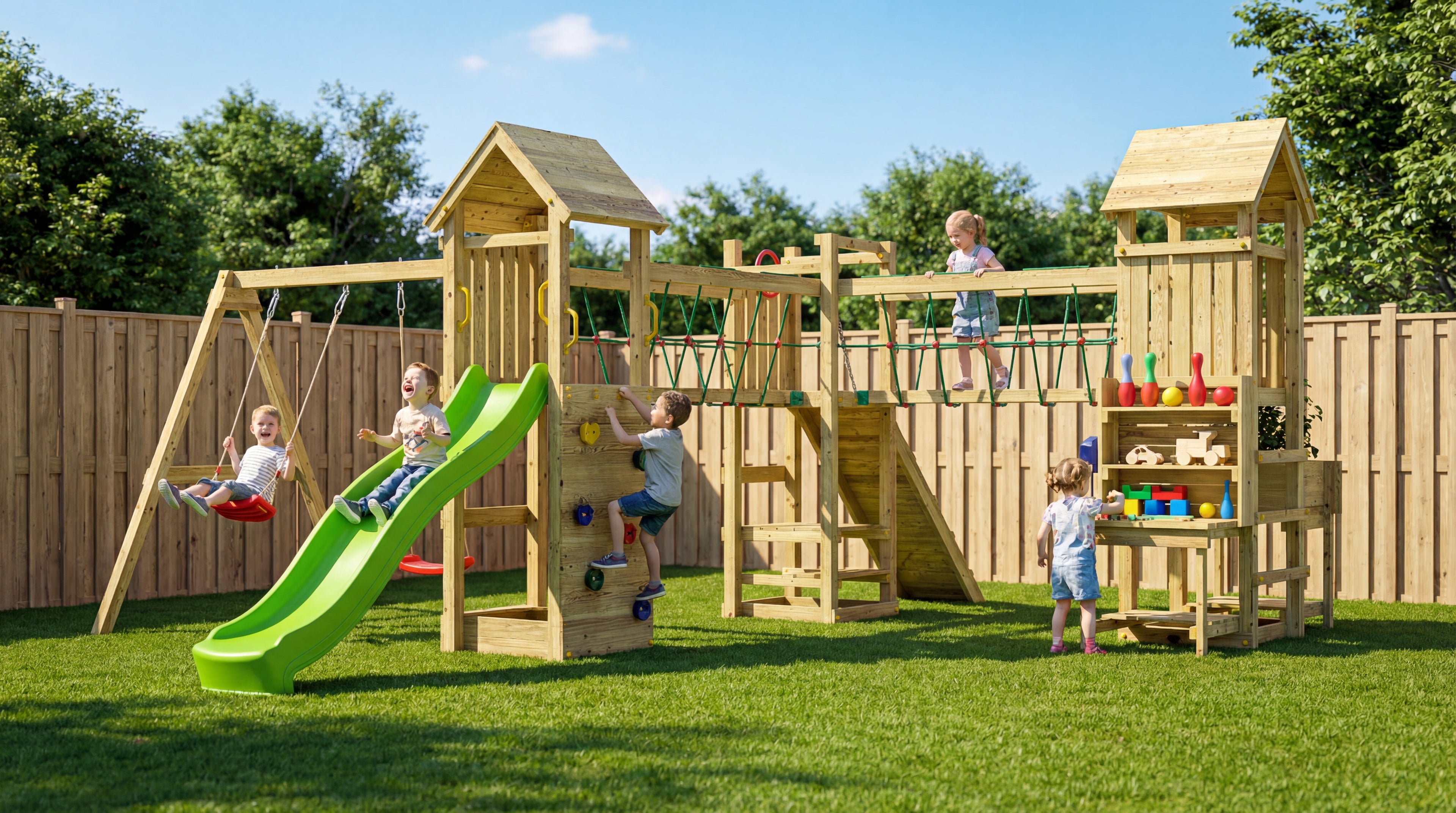 Kerti Játszótér Csúszdával, Mászófallal, Kötélhíddal, Két Hintával és Homokozóval - Fungoo OPTIMIZER