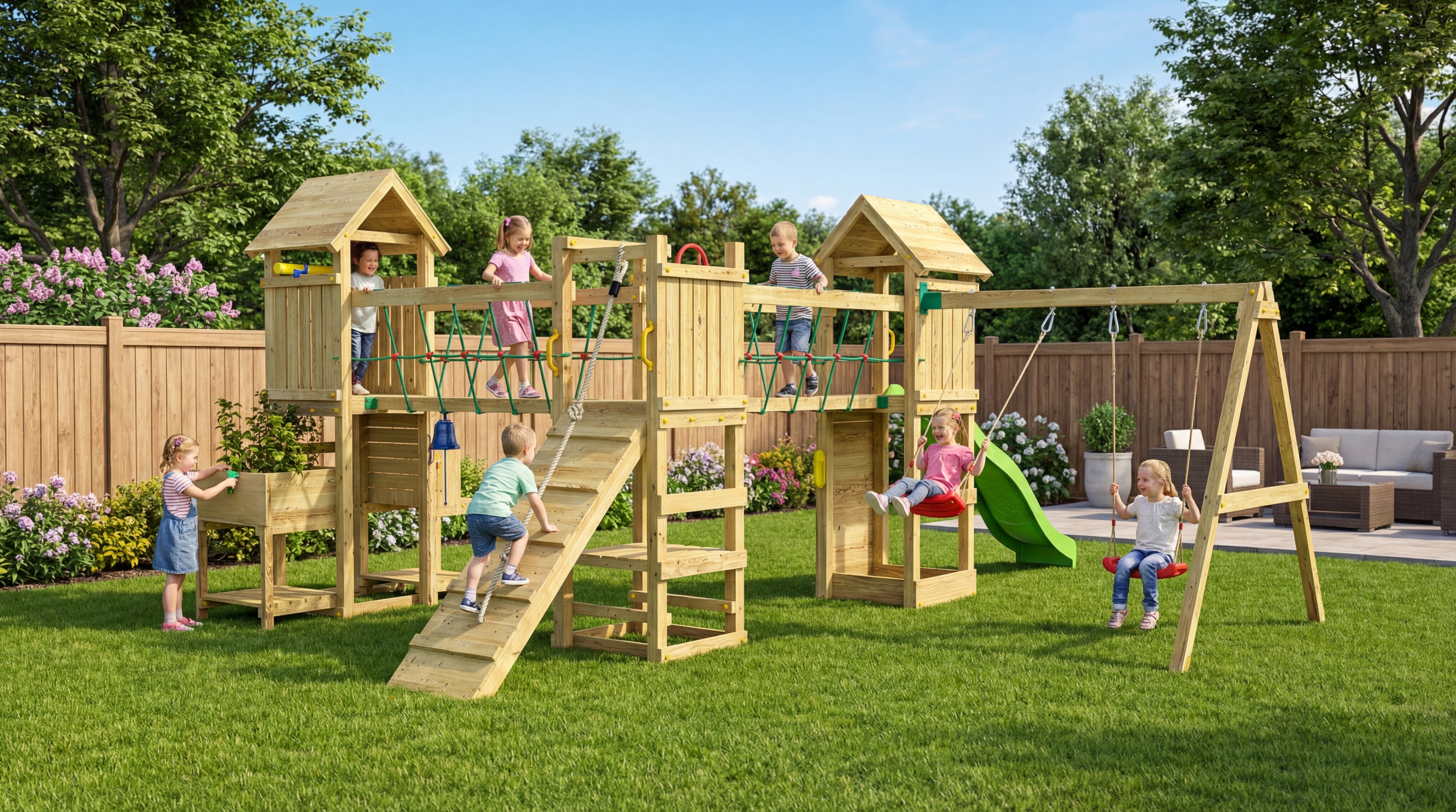 Kerti Játszótér Csúszdával, Mászófallal, Kötélhíddal, Két Hintával és Homokozóval - Fungoo OPTIMIZER