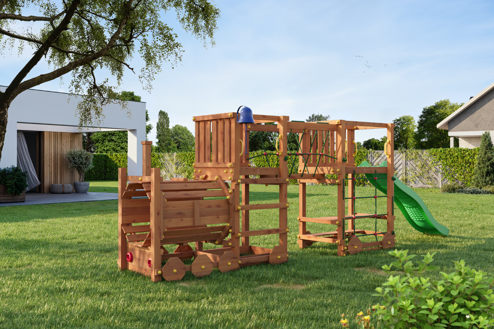 Kerti Játszótér Vonat formájú Mászóka Csúszdával, Alagúttal, Kötélhíddal és Paddal - Fungoo LOCO EXPRESS