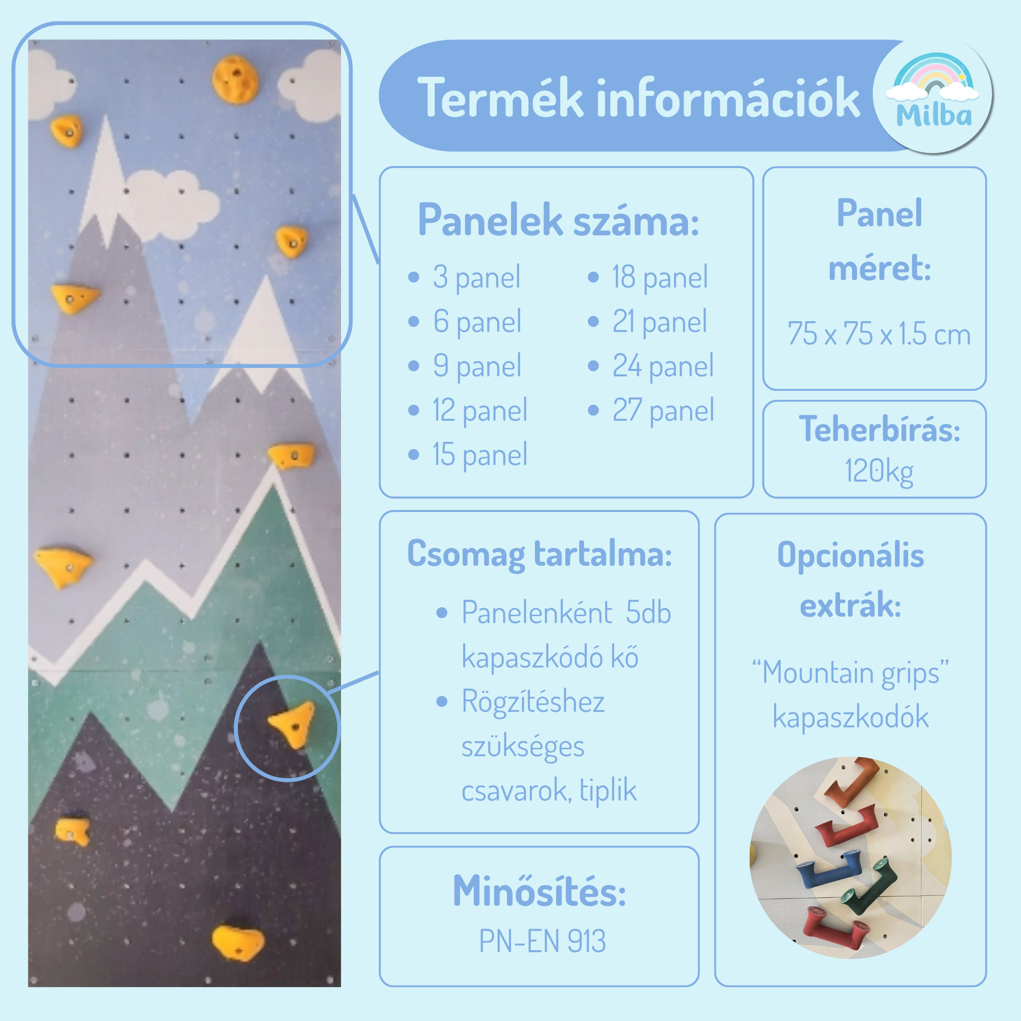 Mászófal Gyerekeknek 3 paneles, színes kapaszkodókkal - több színben